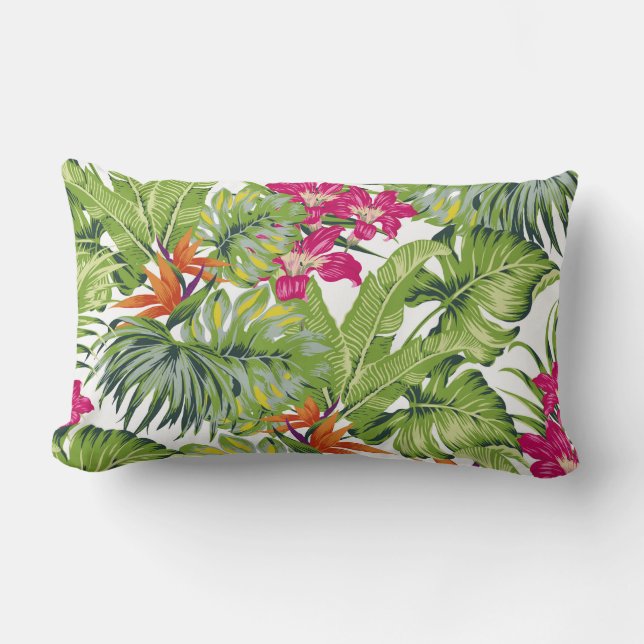 Green Tropical Leaves Pink Orange Flowers Lumbar Pillow (Front)