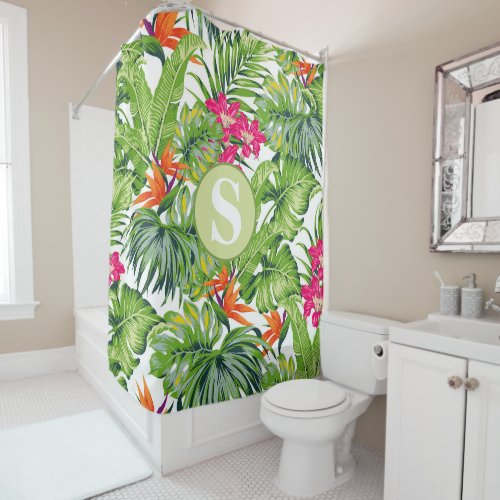 Green Tropical Leaves Pink Orange Flowers Monogram Shower Curtain