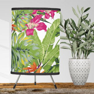 Green Tropical Leaves Pink Orange Flowers Tripod Lamp