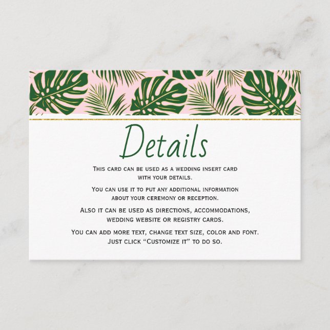 Green tropical leaves pink wedding insert card (Front)
