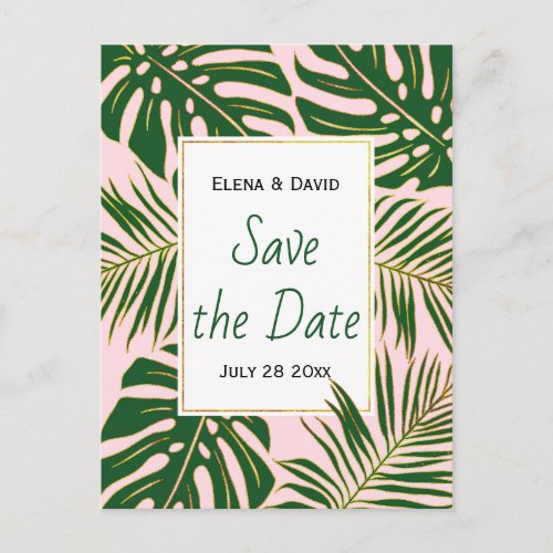 Green tropical leaves pink wedding Save the Date Announcement Postcard