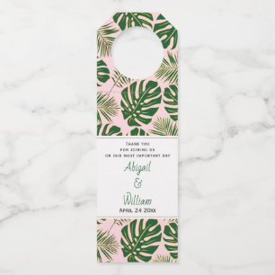 Green tropical leaves polka dots pink wedding bottle hanger tag