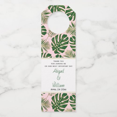 Green tropical leaves polka dots pink wedding bottle hanger tag