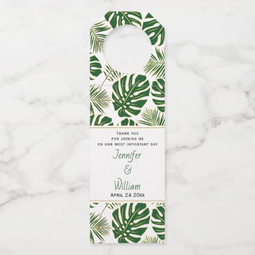 Green tropical leaves polka dots wedding bottle hanger tag