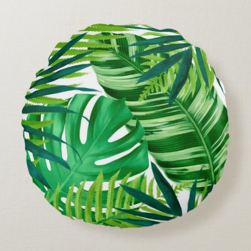 Green tropical leaves round pillow