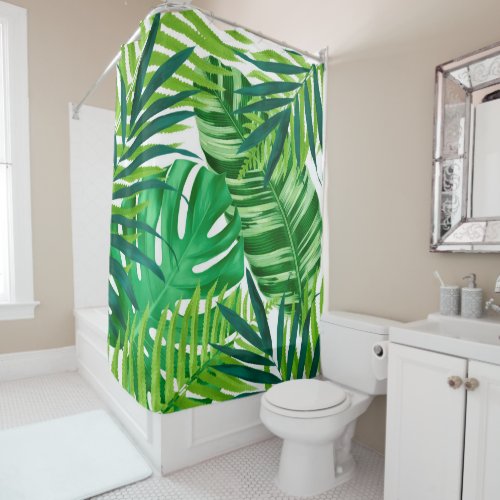 Green tropical leaves shower curtain