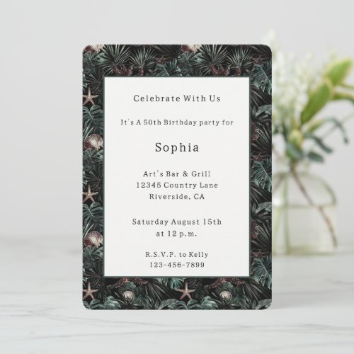 Green Tropical Leaves Starfish Shells Birthday Invitation