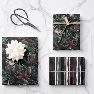 Green Tropical Leaves Starfish Shells Birthday Wrapping Paper Sheets