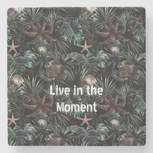 Green Tropical Leaves Starfish Shells Stone Coaster