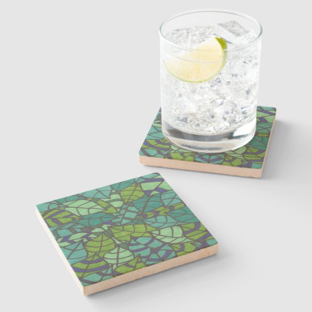 Green Tropical Leaves  Stone Coaster (Side)