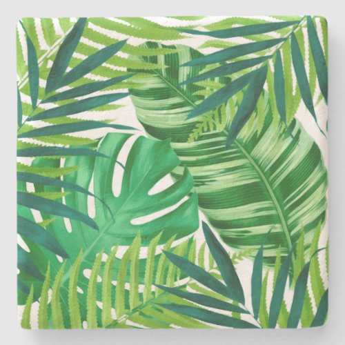 Green tropical leaves stone coaster