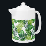 Green tropical leaves teapot<br><div class="desc">Colorful watercolor green tropical monstera,  palms and fern leaves on a white background</div>