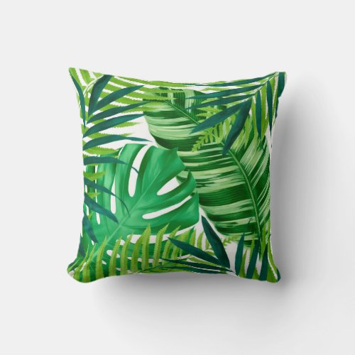 Green tropical leaves throw pillow