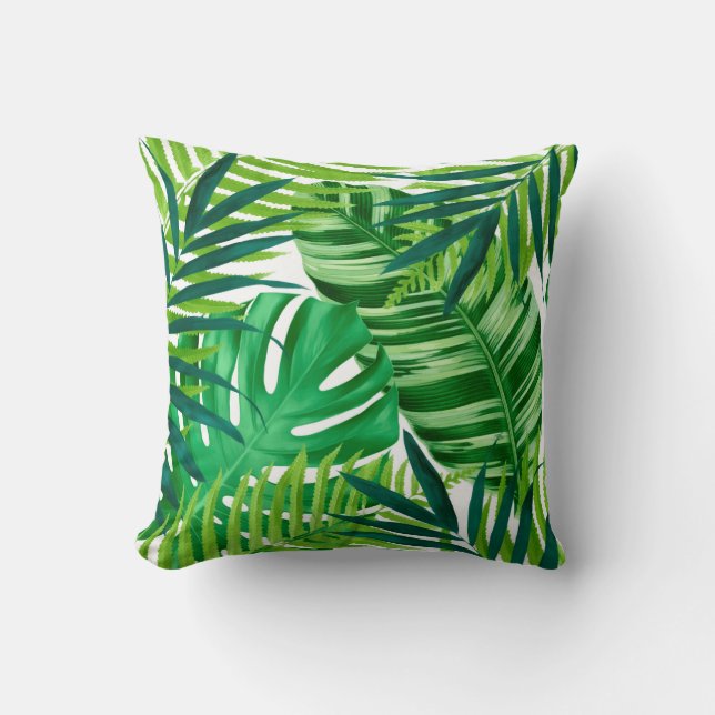 Green Tropical Leaves Throw Pillow (Front)