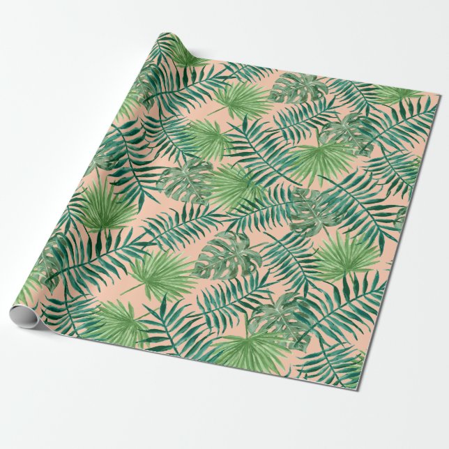 Green Tropical Leaves Vacation Wrapping Paper (Unrolled)
