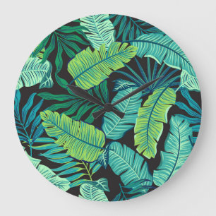 Green tropical leaves: vintage pattern. large clock