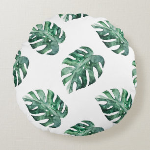 Green tropical leaves, watercolor pattern round pillow