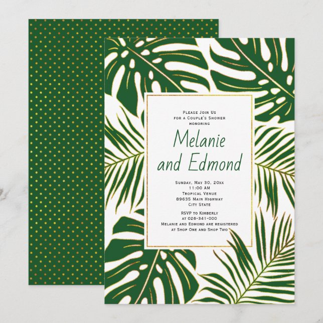 Green tropical leaves wedding couple's shower invitation (Front/Back)