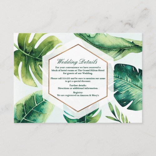 Green tropical Leaves White Chic Wedding Details Enclosure Card