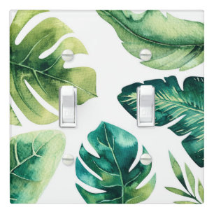 Green Tropical Leaves White Elegant Chic Summer Light Switch Cover