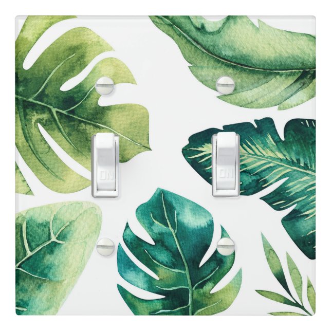 Green Tropical Leaves White Elegant Chic Summer Light Switch Cover (In Situ)