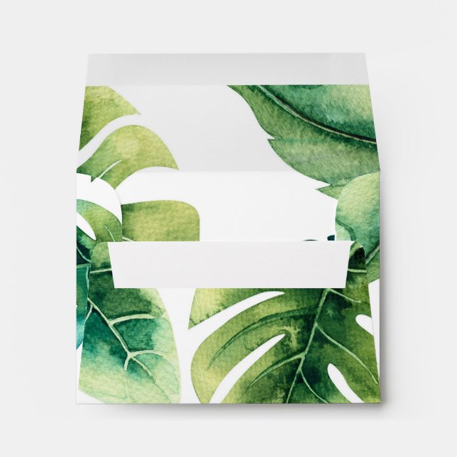 Green Tropical Leaves White Elegant Invitation Envelope (Back (Bottom))