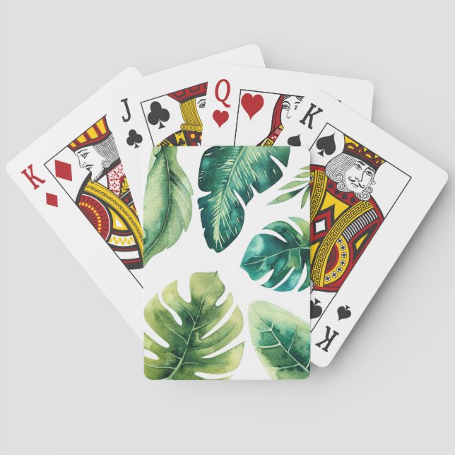 Green Tropical Leaves White Elegant Modern Chic Poker Cards (Back)