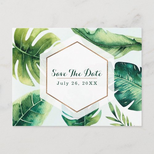 Green Tropical Leaves White Elegant Save The Date Announcement Postcard