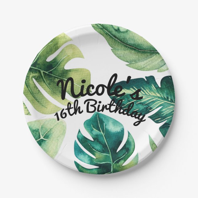 Green Tropical Leaves White Elegant Summer Party Paper Plates (Front)
