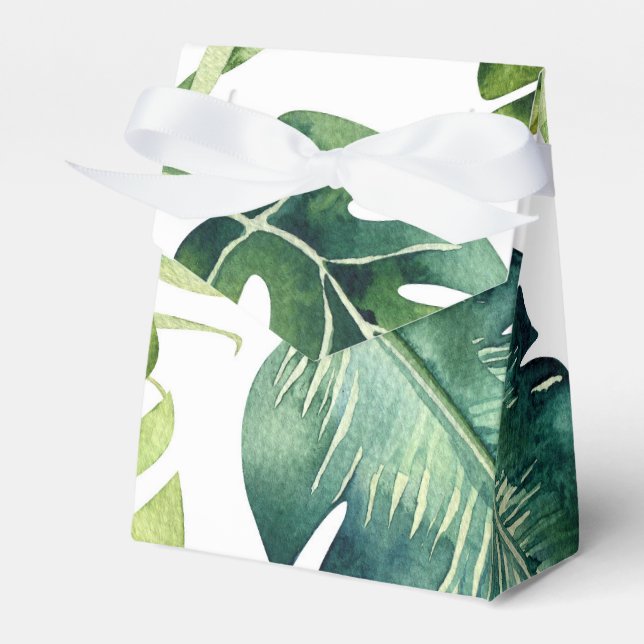 Green Tropical Leaves White Elegant Wedding Favor Boxes (Front Side)