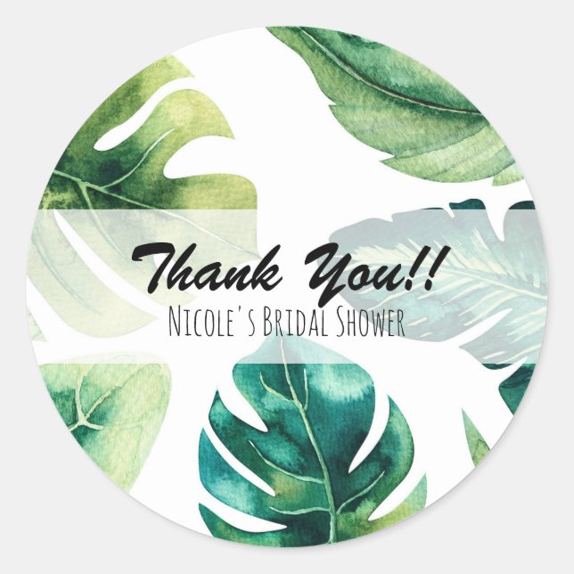 Green Tropical Leaves White Elegant Wedding Favor Classic Round Sticker (Front)