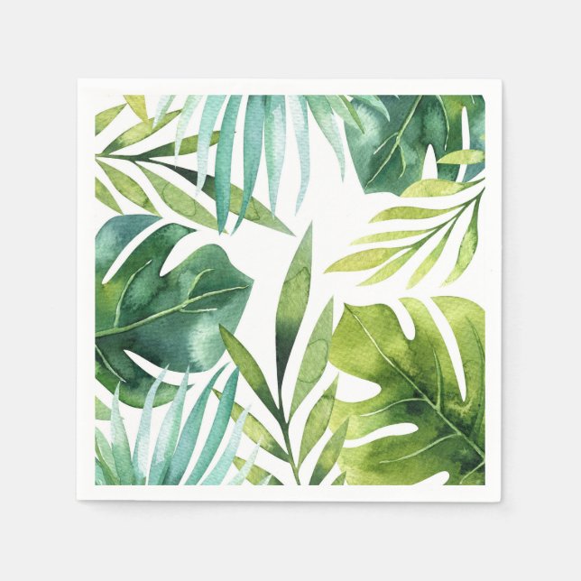 Green Tropical Leaves White Elegant Wedding Party Napkins (Front)
