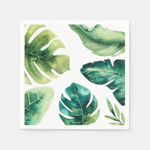 Green Tropical Leaves White Elegant Wedding Party Napkins
