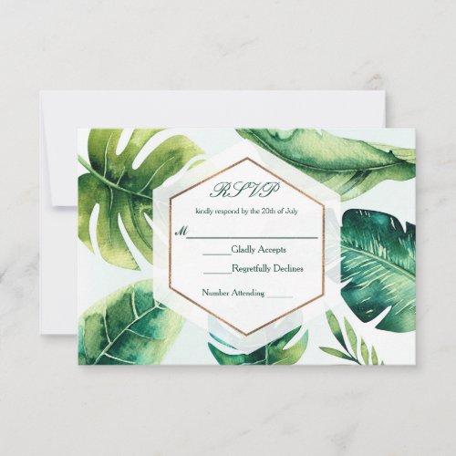 Green tropical Leaves White Elegant Wedding RSVP