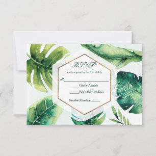Green tropical Leaves White Elegant Wedding RSVP Card