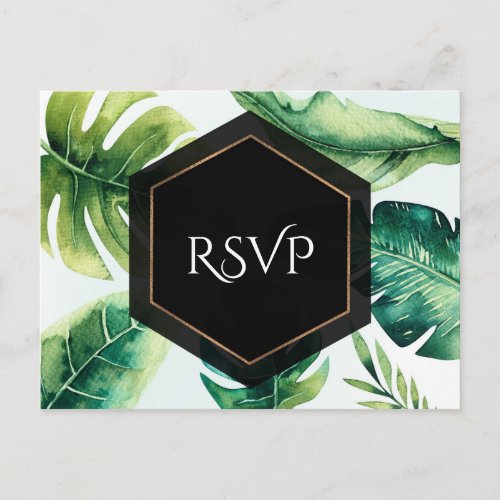 Green Tropical Leaves White Elegant Wedding RSVP Invitation Postcard
