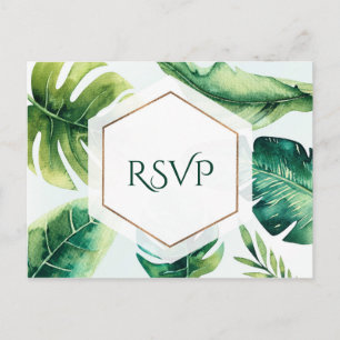 Green Tropical Leaves White Elegant Wedding RSVP Invitation Postcard