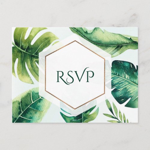 Green Tropical Leaves White Elegant Wedding RSVP Invitation Postcard