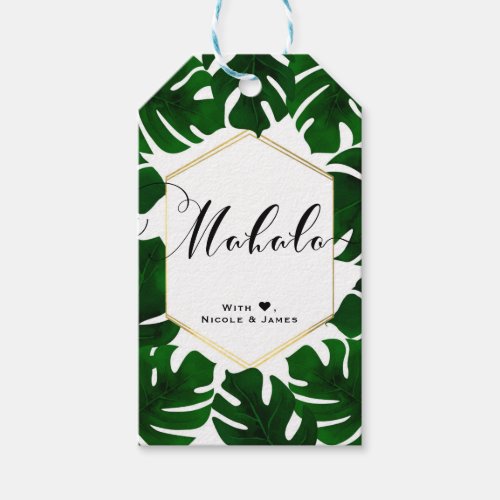 Green Tropical Leaves White Gold Chic MAHALO ALOHA Gift Tags