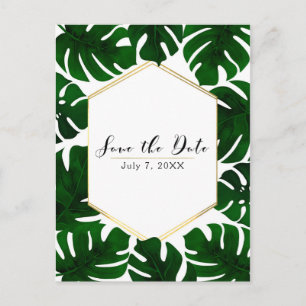 Green Tropical Leaves White & Gold Save the Date Announcement Postcard