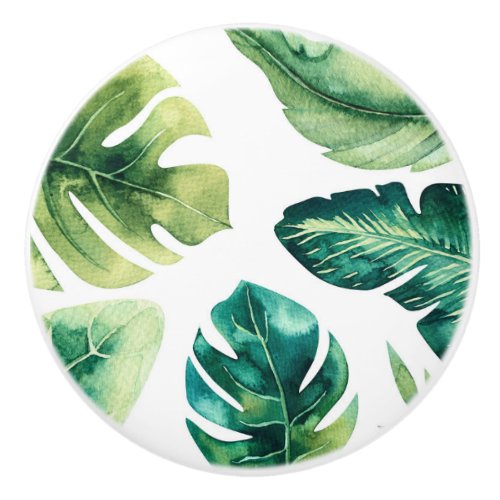 Green Tropical Leaves White Summer Paradise Ceramic Knob