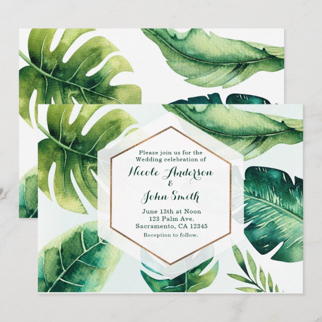 Green Tropical Leaves White Wedding Invitations (Front/Back)
