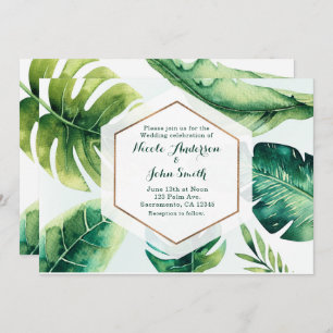 Green Tropical Leaves White Wedding Invitations