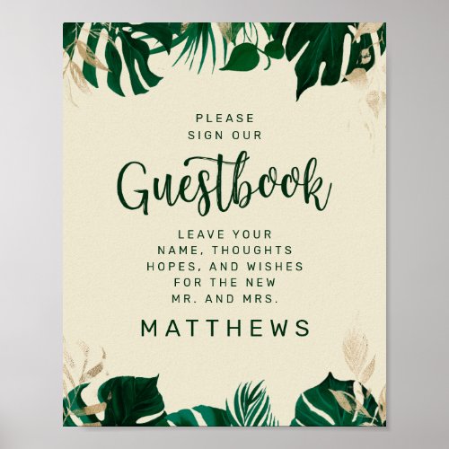 Green Tropical Leaves with Gold Guestbook Sign