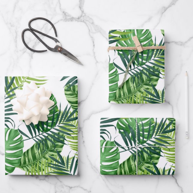Green Tropical Leaves Wrapping Paper Sheets (Front)