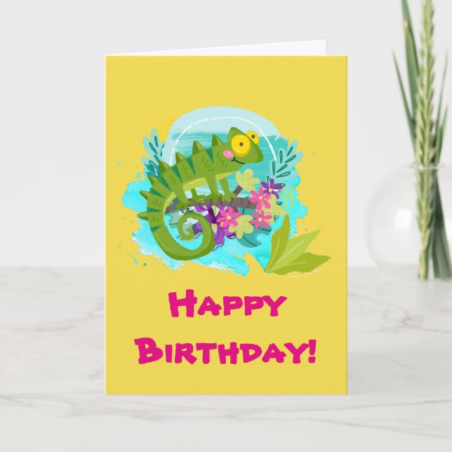 Green Tropical Lizard with Flowers Birthday Card (Front)
