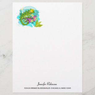Green Tropical Lizard with Flowers Letterhead