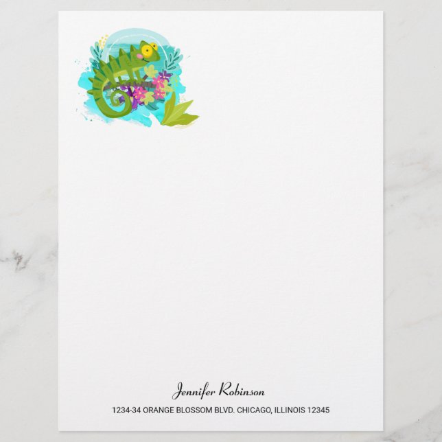 Green Tropical Lizard with Flowers Letterhead (Front)