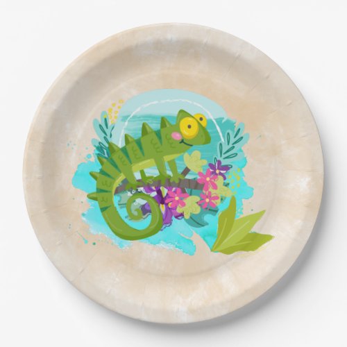 Green Tropical Lizard with Flowers Paper Plates