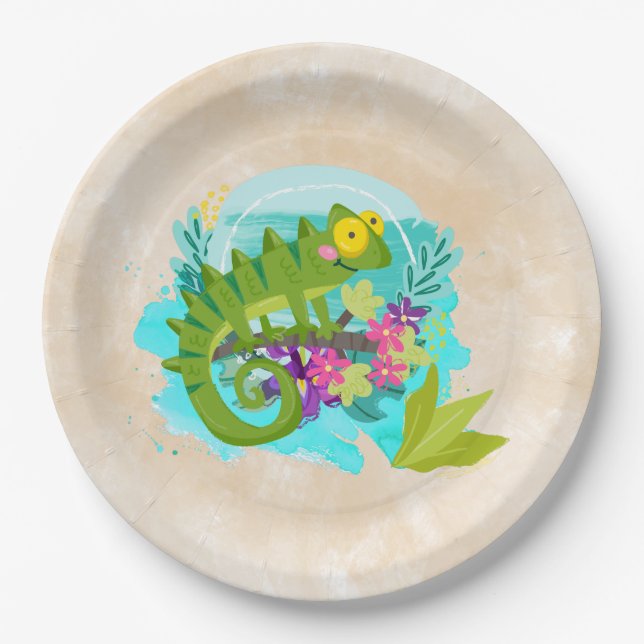 Green Tropical Lizard with Flowers Paper Plates (Front)